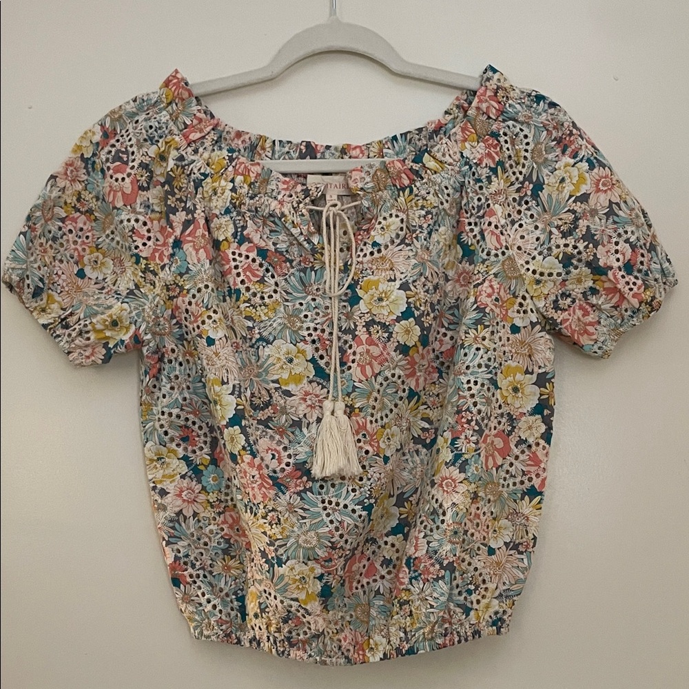 Solitaire Multicolor Embroidered Floral Blouse with Tassel, size small‎
